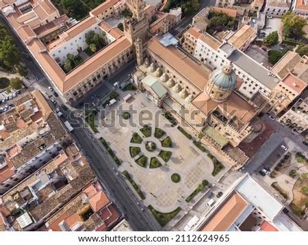 Dramatic aerial drone view of the Gothic cathedral of Palermo in Sicily day in Italy Royalty-Free Stock Photo #2112624965