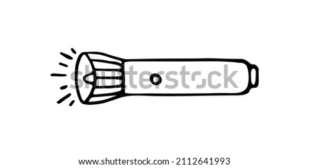 Hand drawn doodle camping flashlight. Vector single travel element. Black and white torch. Outline.