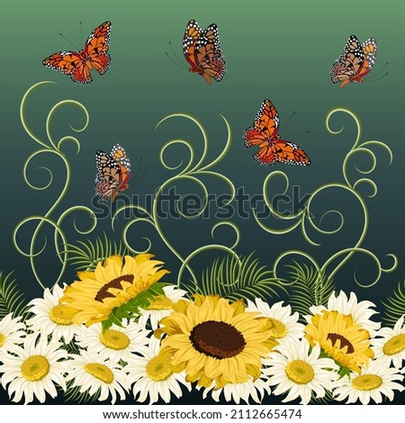 Vector pattern with flowers and decor.Daisies, sunflowers and butterflies on a colored background in a vector pattern.