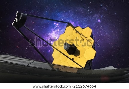 JWST in outer space. James Webb telescope far galaxy explore. Sci-fi space collage. Astronomy science. Elemets of this image furnished by NASA Royalty-Free Stock Photo #2112674654