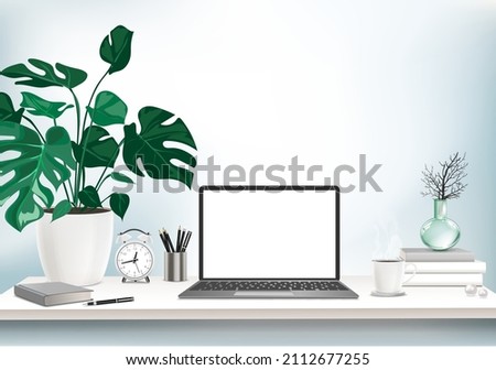 Co-working office interior with mock-up laptop, coffee cup, stationery, plants on a computer table.  Font view workspace vector editable illustration.