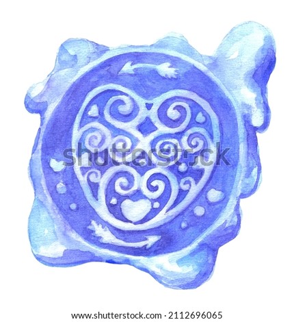 hand drawn watercolor illustration of blue wax sealing with heart shape  curls for envelopes and love letters. Clip-art for design of postcards, decor, invitations, card.