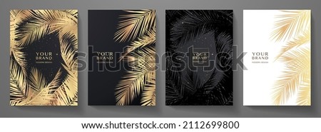 Tropical cover, frame design set with abstract palm leaf pattern (palm tree leaves). Premium gold, black vector background useful for brochure template, exotic restaurant menu, invitation