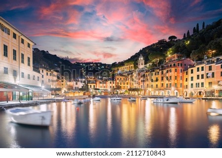 Portofino, Italy town skyline on the marina at twilight. Royalty-Free Stock Photo #2112710843