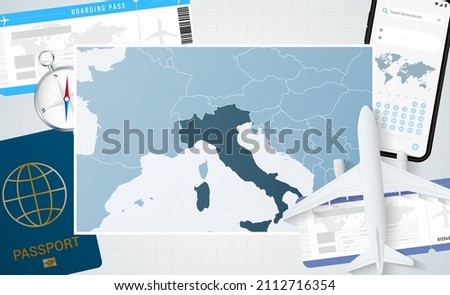 Journey to Italy, illustration with a map of Italy. Background with airplane, cell phone, passport, compass and tickets. Vector mockup.