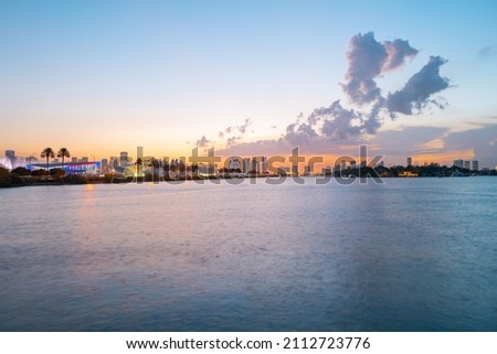 Miami city skyline view from Biscayne Bay.