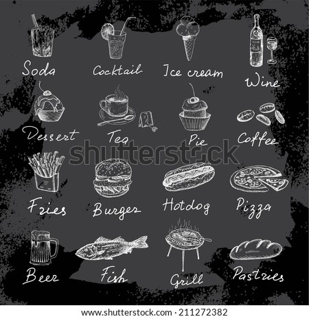 food and inscriptions. set of vector sketches