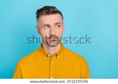 Portrait of attractive minded man copy blank space overthinking deciding isolated over bright blue color background Royalty-Free Stock Photo #2112735596