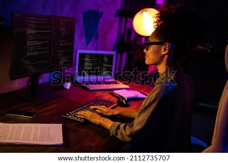 Profile side photo of smart front end lady freelancer writing outsource server optimization in workplace Royalty-Free Stock Photo #2112735707