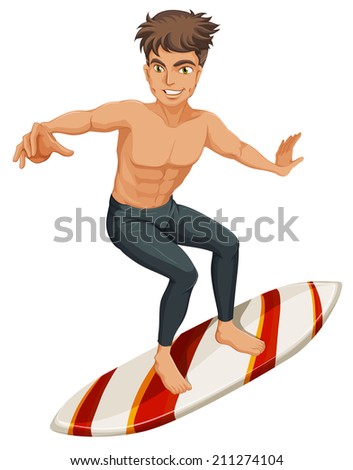 Illustration of a man surfing on a white background