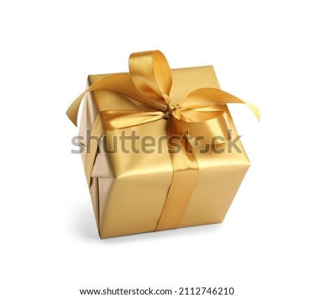 Gift box with golden ribbon and bow on white background Royalty-Free Stock Photo #2112746210