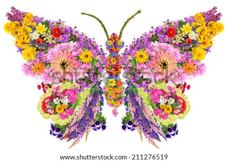 Butterfly  abstract collage made from fresh summer flowers. Isolated