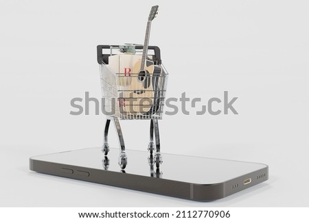 Shopping cart on the phone. Concept of shopping by phone, internet. Online shopping, the latest online shopping technology.
