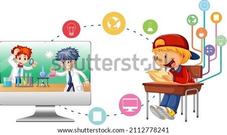 School boy with computer and education icons illustration