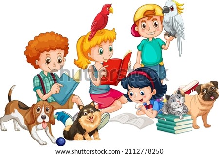 Children with their dogs on white background illustration