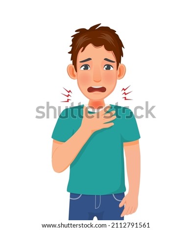 handsome young man touching his neck because having sore throat, dry and scratchy feeling in the throat as symptom of viral infection, cough, allergy, influenza, cold and fever   Royalty-Free Stock Photo #2112791561