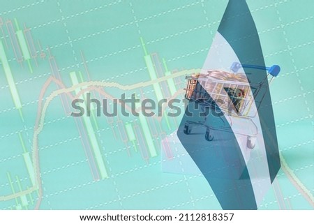 A metal basket filled with coins and the flag of Nicaragua on a blue podium, a sales chart in the background. The concept of GDP and economic indicators of Nicaragua