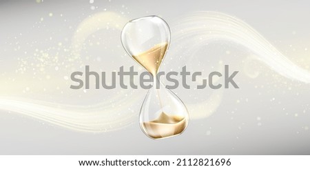 Background with sand hourglass, glass timer with falling golden grains. Vector poster with realistic transparent sand clock and waves of shiny particles. Running time concept Royalty-Free Stock Photo #2112821696