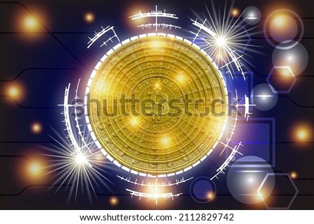                                Golden Bitcoin on technology background. New virtual money. Cryptocurrency. Creative artwork decoration.