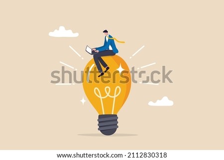 Entrepreneur solution, creative idea to solve work problem, success discover new innovation concept, smart businessman working with computer laptop on bright light bulb idea. Royalty-Free Stock Photo #2112830318