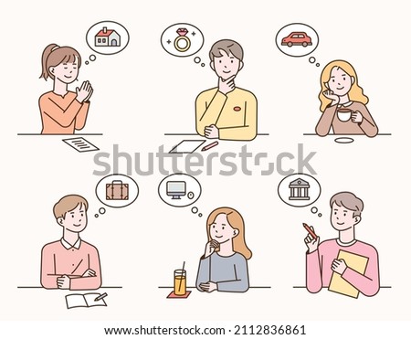  People are thinking about what to buy. People are sitting at the table and making household plans. flat design style vector illustration.