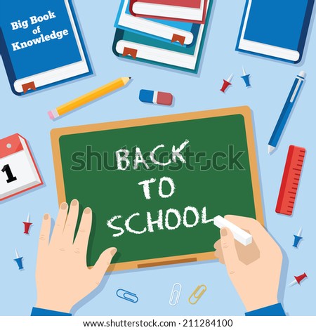Back to School Flat Style Vector Background With Chalk Blackboard Pins Clips Pen Pencil and Books