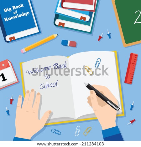 Back to School Flat Style Vector Background With Books Pencils Pen and Other Stationary