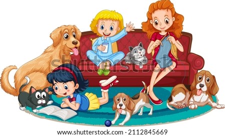 Mother and daughter sitting on a sofa with their pets illustration