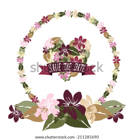 Elegant floral frame with heart and save the date banner, design elements. Can be used for wedding, baby shower, mothers day, valentines day, birthday cards, invitations. Vintage decorative flowers.