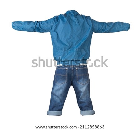 Denim dark blue shorts and blue windbreaker jacket with zipper isolated on white background. Men's jeans