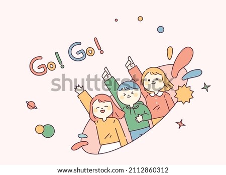 People are raising their fingers and shouting Go!Go! Cute characters with happy faces. outline simple vector illustration.