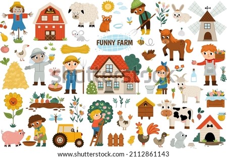 Big vector farm set. Rural icons collection with funny kid farmers, barn, country house, animals, birds, tractor, windmill, hay stacks, fruit, vegetables, beehive. Cute flat garden illustration