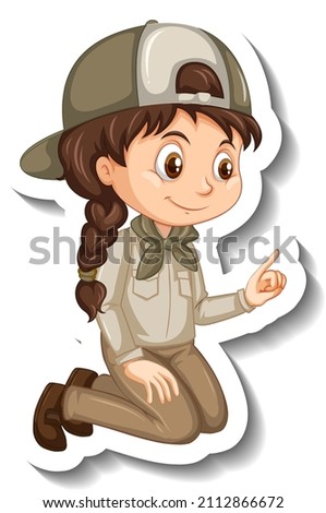 Girl in safari outfit cartoon character sticker illustration