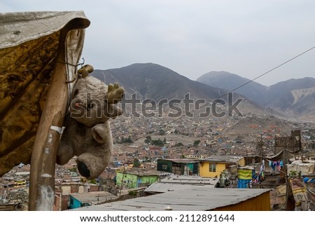 A dirty stuffed animal hanging from the corner of an improvised awning, houses in the background.