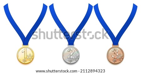 Set gold, silver and bronze medal on blue ribbon. Winter sports game award. Vector illustration isolated on white