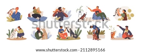 People hugging, caring, and playing with pets set. Adorable animals and their owners. Characters spend time with dogs and cats at home and outdoor. Happy pastime and relaxation with cute pets