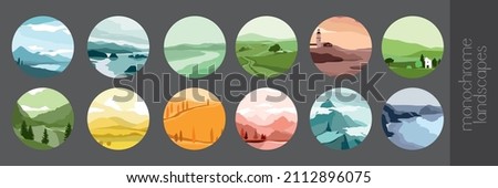Set of monochrome abstract landscapes in the shape of a circle. Collection of nature views of different seasons for stickers, decor, logos, posters, card. Art print of seasons. Vector illustration Royalty-Free Stock Photo #2112896075