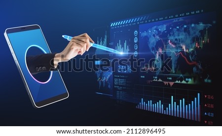 Close up of smartphone businesswoman hand using digital pencil hologram to draw business forex chart interface on dark blue background. Digital transformation and trade concept
