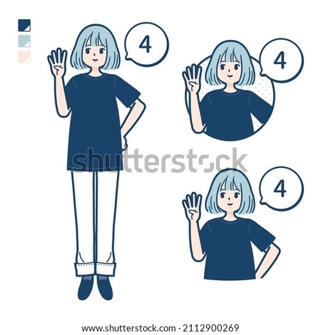 A woman wearing a big size T-shirt with Counting as 4 images.It's vector art so it's easy to edit.
