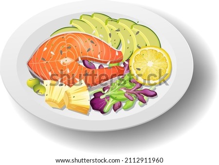 Healthy meal with salmon steak on white plate illustration