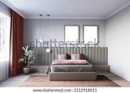 Mockups for wall decor in the bedroom interior. 3d render for 2 posters on the wall. Modern interior style. Royalty-Free Stock Photo #2112918815