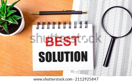 On a wooden table there are reports, a potted plant, a magnifying glass, a black pen and a notebook with the text BEST SOLUTION. Business concept