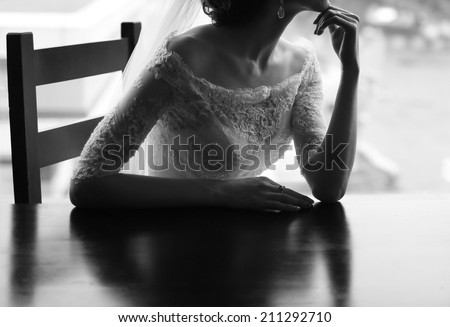 Young caucasian bride. Black and white wedding picture. 