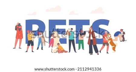 Children Hug Dogs and Cats Concept. Kids Characters Cuddle with Pets, Holding Cute Puppies and Kittens on Hands. Love, Tenderness to Animals Poster, Banner or Flyer. Cartoon People Vector Illustration