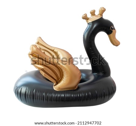 Beach inflatable swan. Pool black and gold  inflatable swan for summer beach isolated on white background. Trendy summer concept.