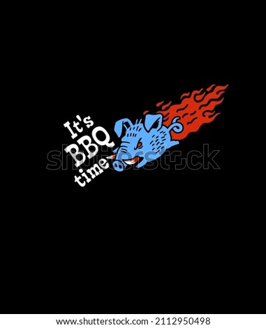 It's BBQ time, Flying Pig on black background, Cartoon character. Barbecue, restaurant logo, sticker, card, t shirt print	