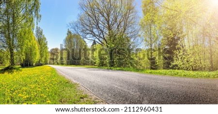 Asphalt road panorama in countryside on sunny day in summer. Route with white dividing lines in beautiful nature landscape. Royalty-Free Stock Photo #2112960431