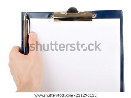 Hand writing on an empty paper in a clipboard isolated on white