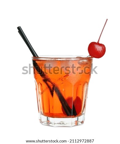 Glass of Manhattan cocktail on white background