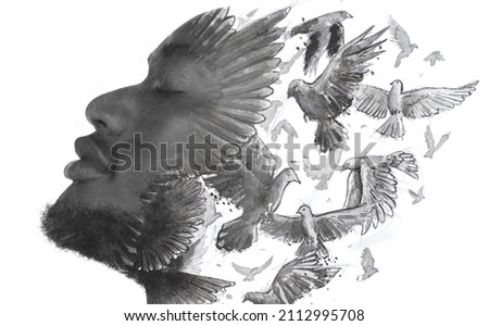 A black and white profile portrait of a man combined with a painting of flying birds. Paintography.